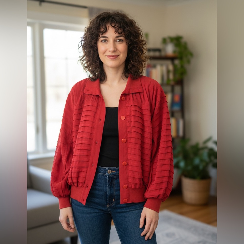 Vintage 100% Silk Bombers Jacket oversized Size M Perlita Brend Pleated design
